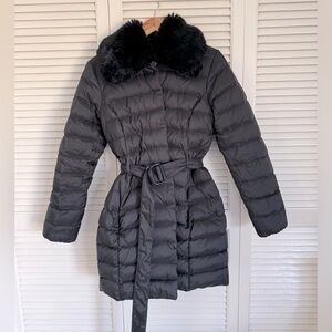 Brooks Brothers belted down parka with faux fur collar